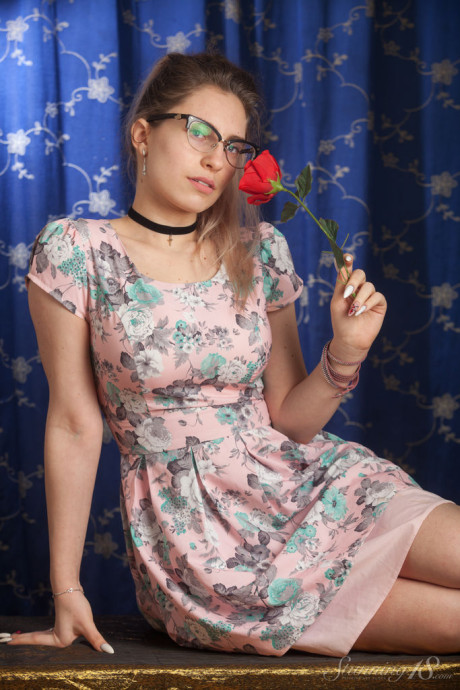 Nerdy 18 year old Liza Loo holds a rose showing her firm tits in glasses - #92113