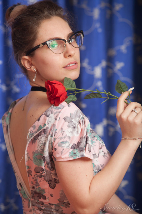 Nerdy 18 year old Liza Loo holds a rose showing her firm tits in glasses #5098