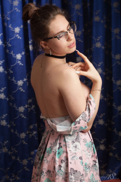 Nerdy 18 year old Liza Loo holds a rose showing her firm tits in glasses - #92118