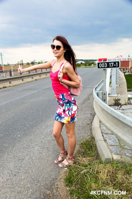 Teenie hitchhiker Steffie gives her savior a charming tasty handjob in the car - #233851