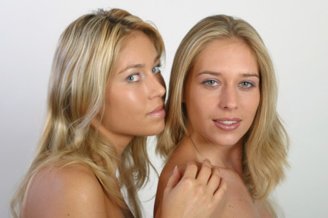 Blonde teens Lucy and Lucie tease together with their small titties and asses #11610