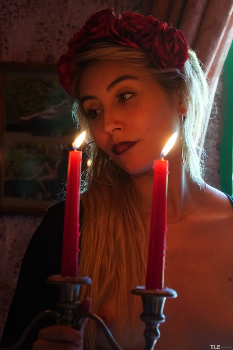 Charming yellow-haired Sophia D slips a lit candle inside her horny twat - #321485