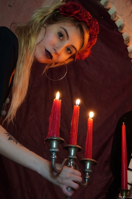 Charming yellow-haired Sophia D slips a lit candle inside her horny twat - #321488