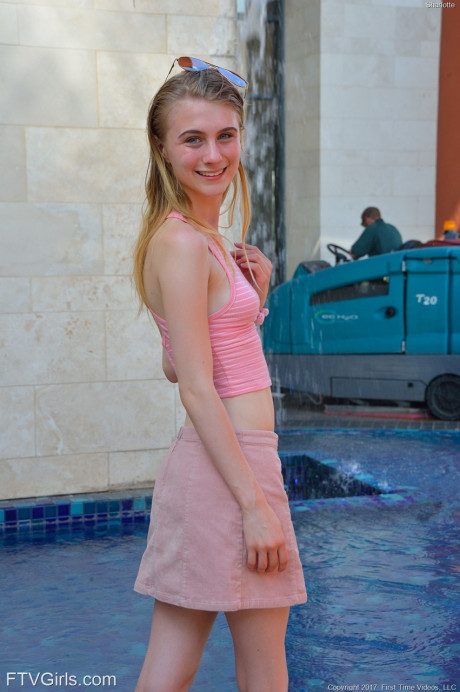 Slim 18 year older Sharlotte flashes her naked snatch in public places - #146643
