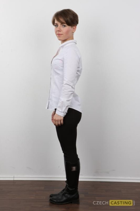 Caucasian amateur strips off black pants for completely undressed solo poses - #307146