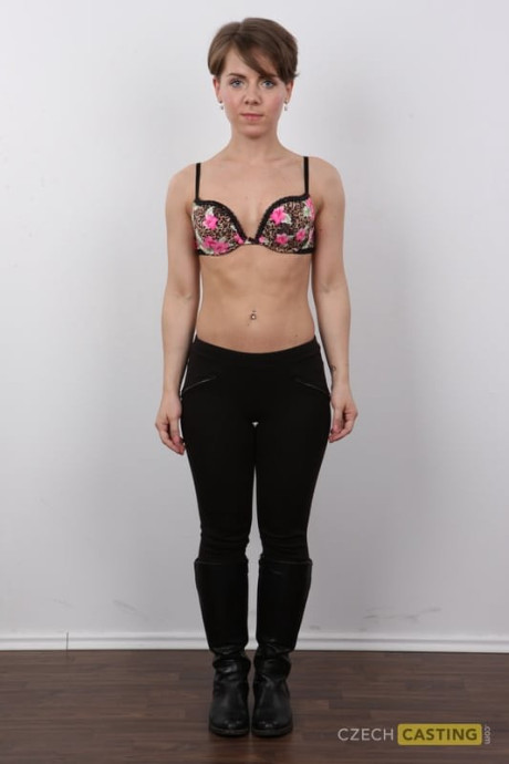 Caucasian amateur strips off black pants for completely undressed solo poses - #307147