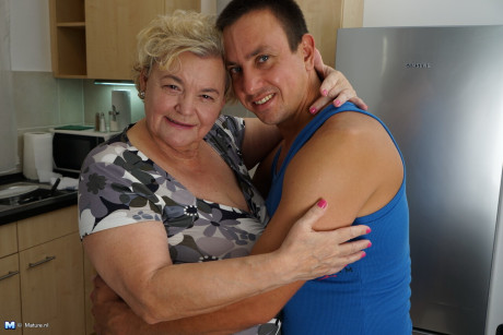 Mature fatty has her giant saggy breasts licked by her sweet man man in the kitchenette - #293819