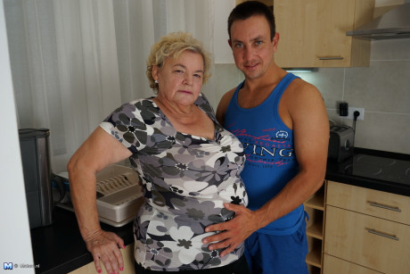 Mature fatty has her giant saggy breasts licked by her sweet man man in the kitchenette - #293821