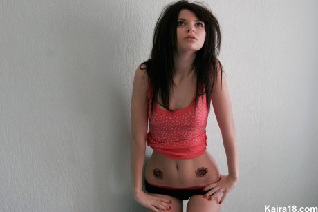 Skinny teen Kaira 18 shows her new tattoos while getting naked on her bed #15864