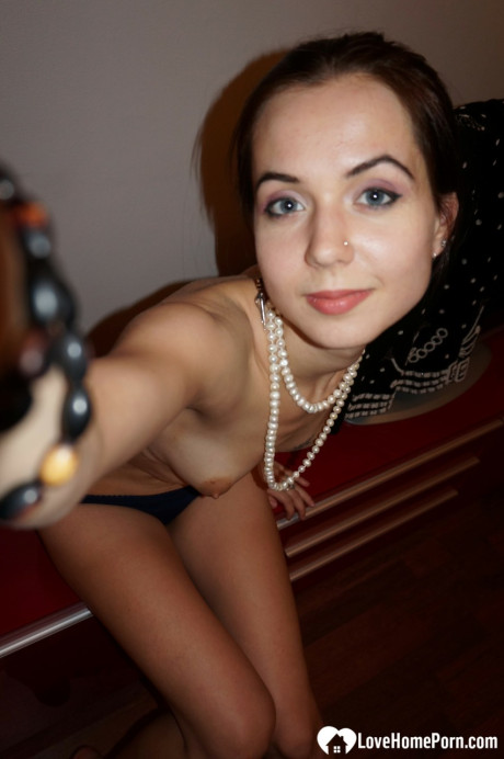 Attractive brunette nerdy young reveals her small tits and shaved twat at home - #80918