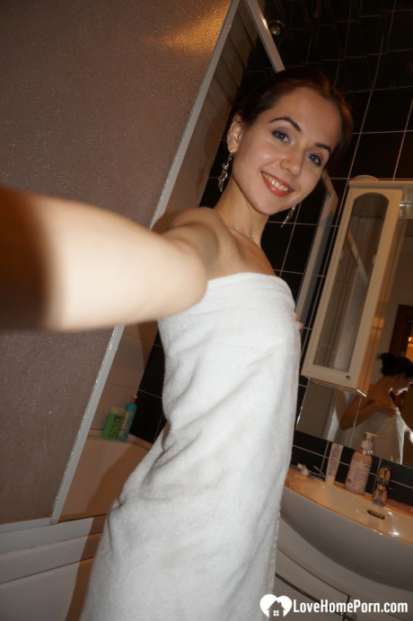 Attractive brunette nerdy young reveals her small tits and shaved twat at home - #80922