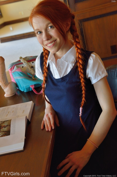 Redhead schoolgirl Dolly inserts a enormous fake meat & Ben Wa balls into her twat - #55455