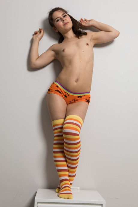 Pretty European young Bruna poses & masturbates in her over-the-knee socks - #291639