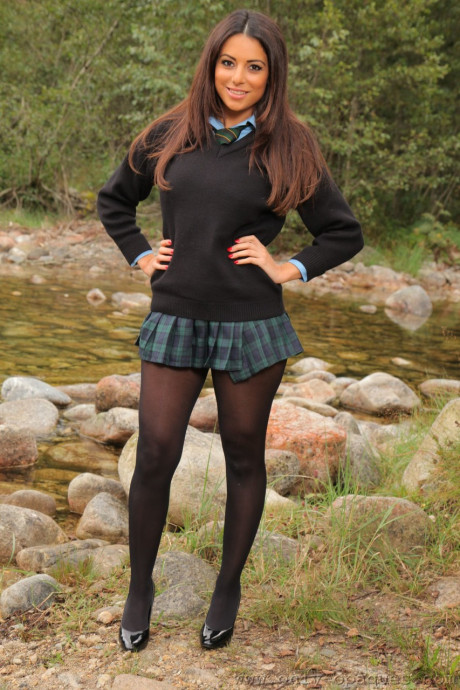 Hot babe in nylons Charley S flaunts her fine gigantic boobs by the river - #208568