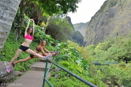 Amateur stunners Aubrey & Mary strip off their sportswear & pose nude outside - #212874