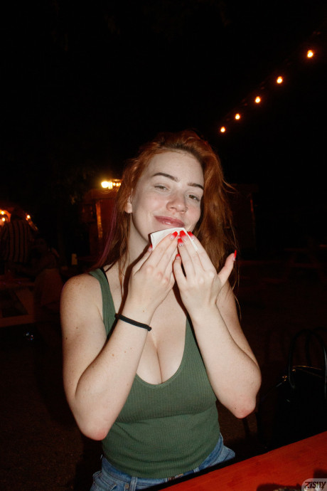 Nerdy redhead Nala Brooks flashes her enormous tit in public & strips undressed at home - #212421