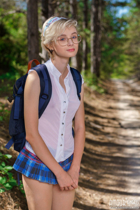 Fresh teen looking lady girlfriend lady Azshara strips off school clothes on a dirt road in woods - #133943