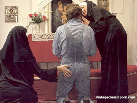 Perverted nuns getting involved in a dirty vintage 3some with an cougar stud