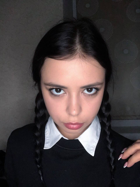 Pretty charming brunette young Molly Lo changes into a Wednesday Adams look #6109