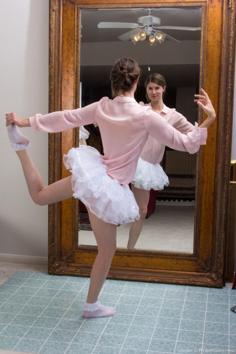 Happy ballerina Kiyoko flashes panty upskirt & peels to pet her hairy cunt - #155604