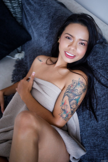 Dark-haired young uncovers her firm melons as she gets totally naked - #309723
