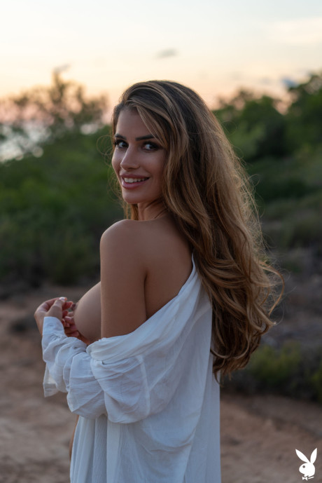 Fresh teenie centerfold Laura Schultz shows her pretty teen titties outdoors - #147230