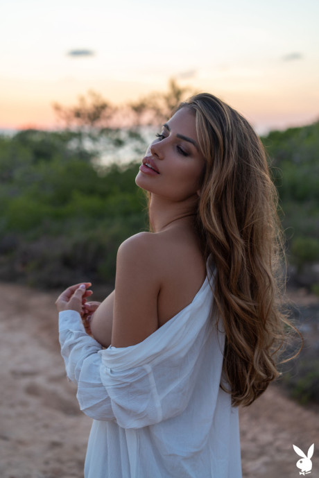 Fresh teenie centerfold Laura Schultz shows her pretty teen titties outdoors - #147231