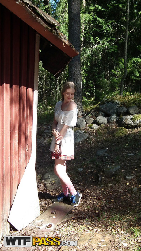 Solo chick girl woman shows her boobies and pussy while forcing entry into abandoned cabin - #176961