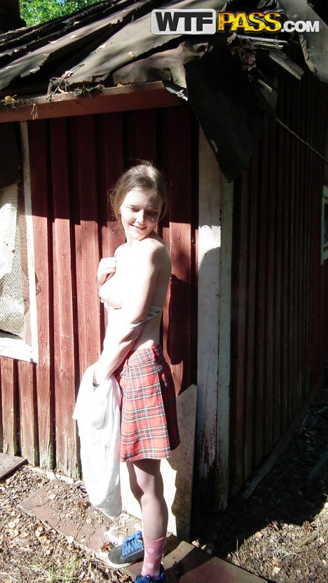 Solo chick girl woman shows her boobies and pussy while forcing entry into abandoned cabin - #176962