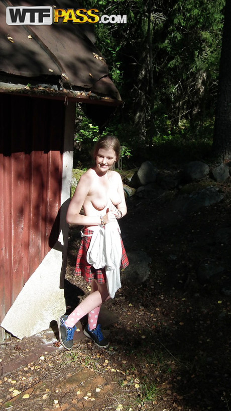 Solo chick girl woman shows her boobies and pussy while forcing entry into abandoned cabin #9682