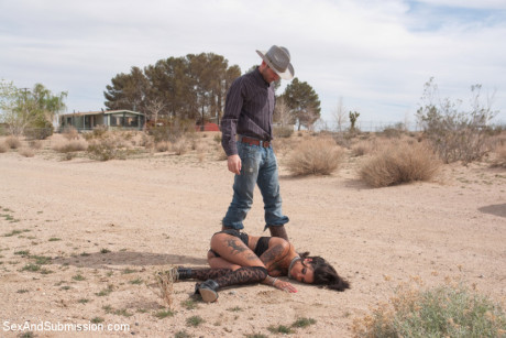 Tattooed brunette is tied up for hardcore fucking after being subdued - #217315