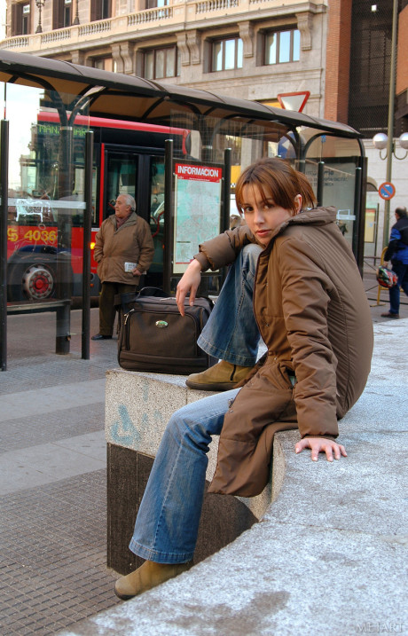 Horny brunette amateur Eva B flaunts her small titties in a red dress - #186994