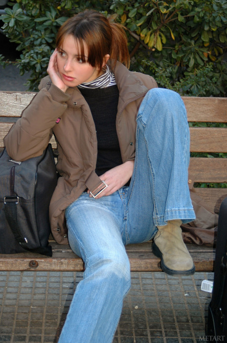 Horny brunette amateur Eva B flaunts her small titties in a red dress - #186995