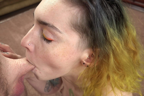 Green-haired amateur Mikaela shows her tattoos and swallows a penis in POV - #199522