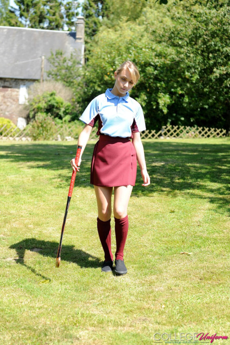 Blondy student Chloe Toy goes unclothed in a yard before showing her bareback butt - #277101