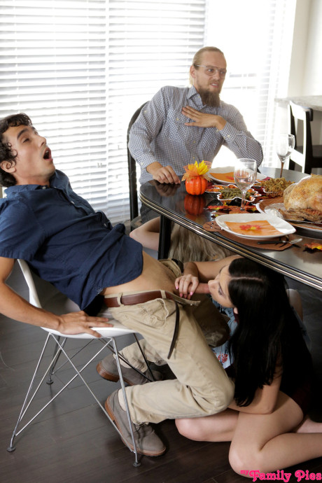 Teens Lexi Lore & Violet Rain blow a meat under a table before getting pounded - #202908