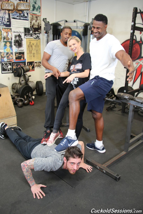 Busty blondie rides 2 ebony dudes while her cuckold has to watch - #181535