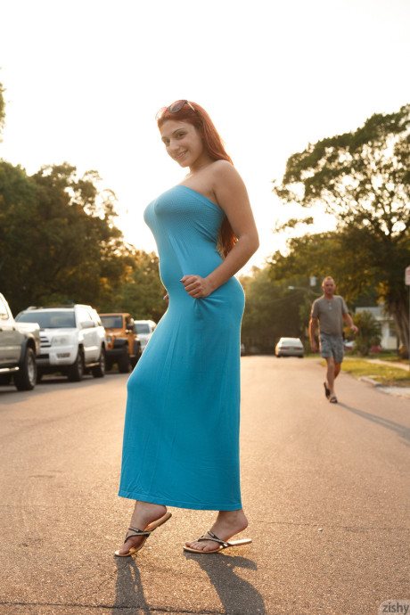 Curvaceous ginger head Gina Rosini flashes her enormous boobs round ass and bushy twat - #292237