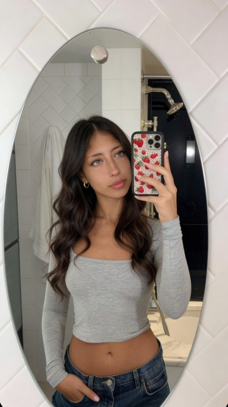 Brunette amateur takes selfie shots in a number of different outfits - #284737