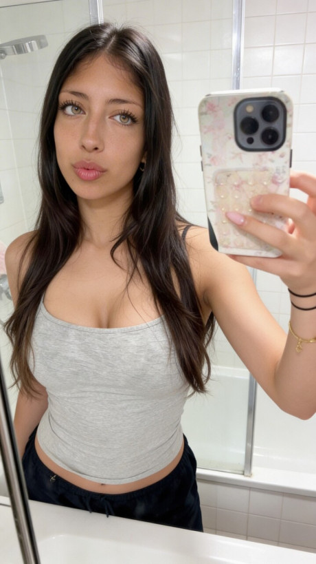 Brunette amateur takes selfie shots in a number of different outfits - #284739