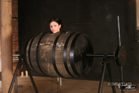 Lovely brunette in a bondage box Goldie giving head to a brutal BDSM handler - #128333