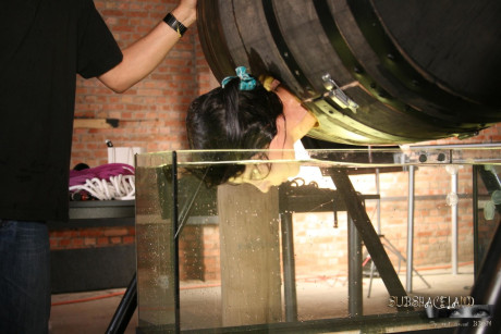 Lovely brunette in a bondage box Goldie giving head to a brutal BDSM handler - #128345