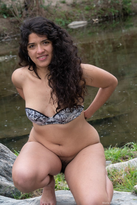 Brunette exotic teenie Maria F flaunts her bushy beaver & natural boobies outdoors #7989