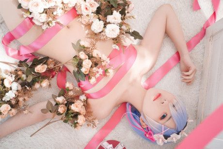 Gorgeous oriental model with enormous breasts poses while wrapped in pink satin ribbon - #62949