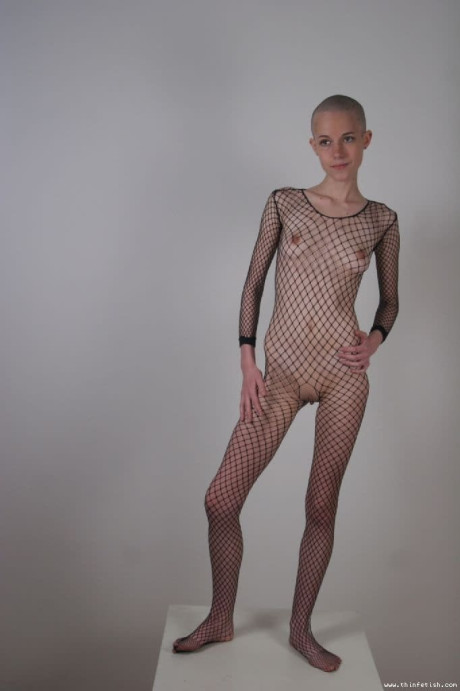 Solo model with a shaved head poses in a fishnet bodystocking - #314760