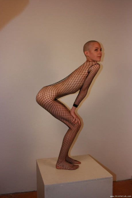 Solo model with a shaved head poses in a fishnet bodystocking - #314766