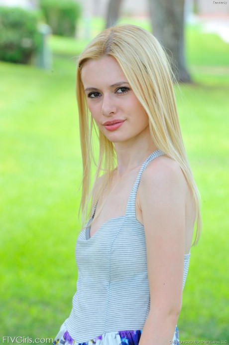 Very petite blondie sweetie Kennedy gets completely naked & spreads behind in public - #123694