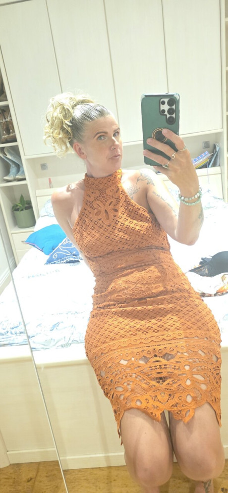 Solo bitch GF broad shows off her tattoos while taking selfies in a halter dress - #294536
