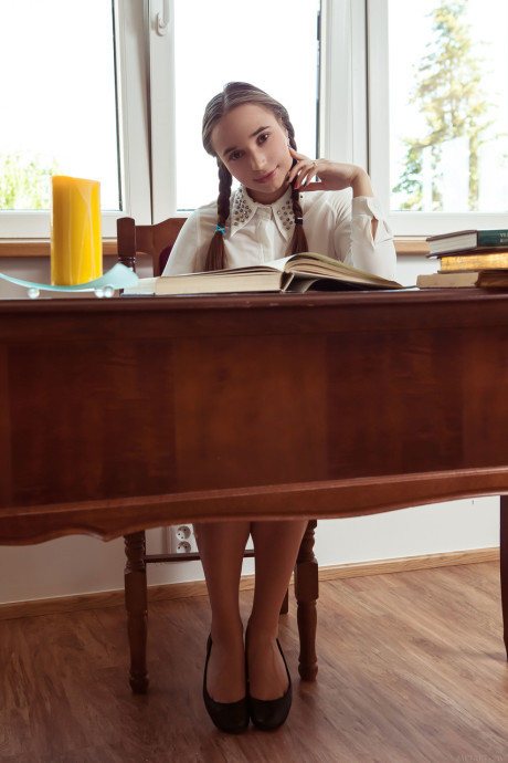 Brunette teenie with pigtails Messiah shows her butt and silky pussy in a library - #208322