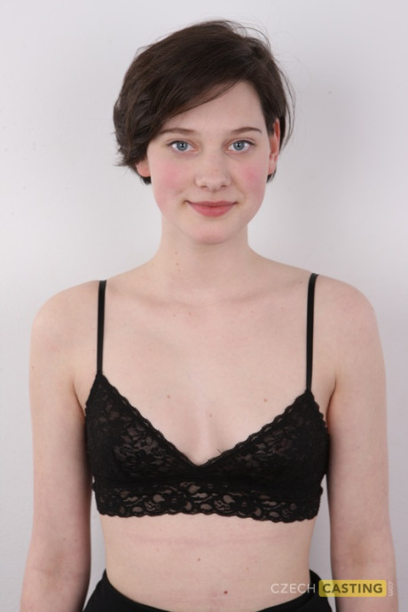 Young whore girlfriend chick with short hair and perky boobies gets completely nude on her own - #269994